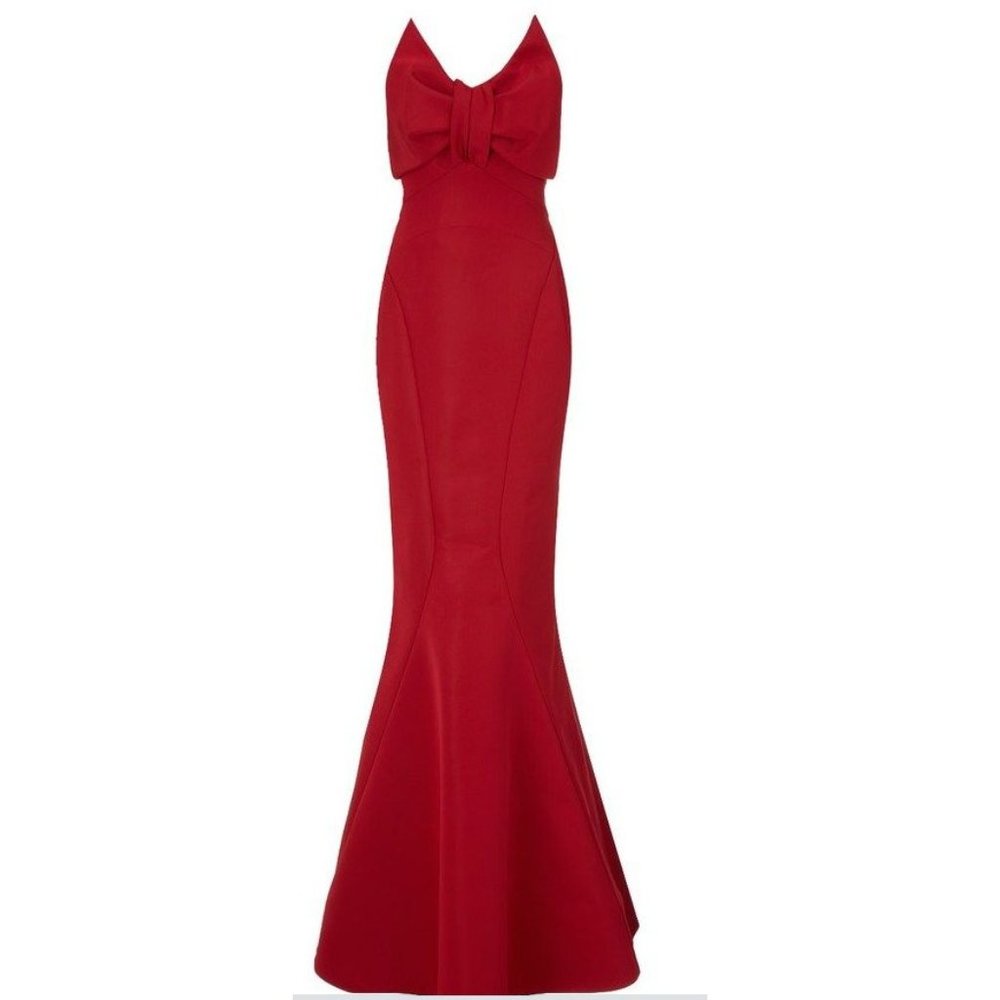 NWT $8K ZAC POSEN GRENADINE MERMAID STRAPLESS SILK BOW PLEATED GOWN SIZE 6 - Picture 2 of 7
